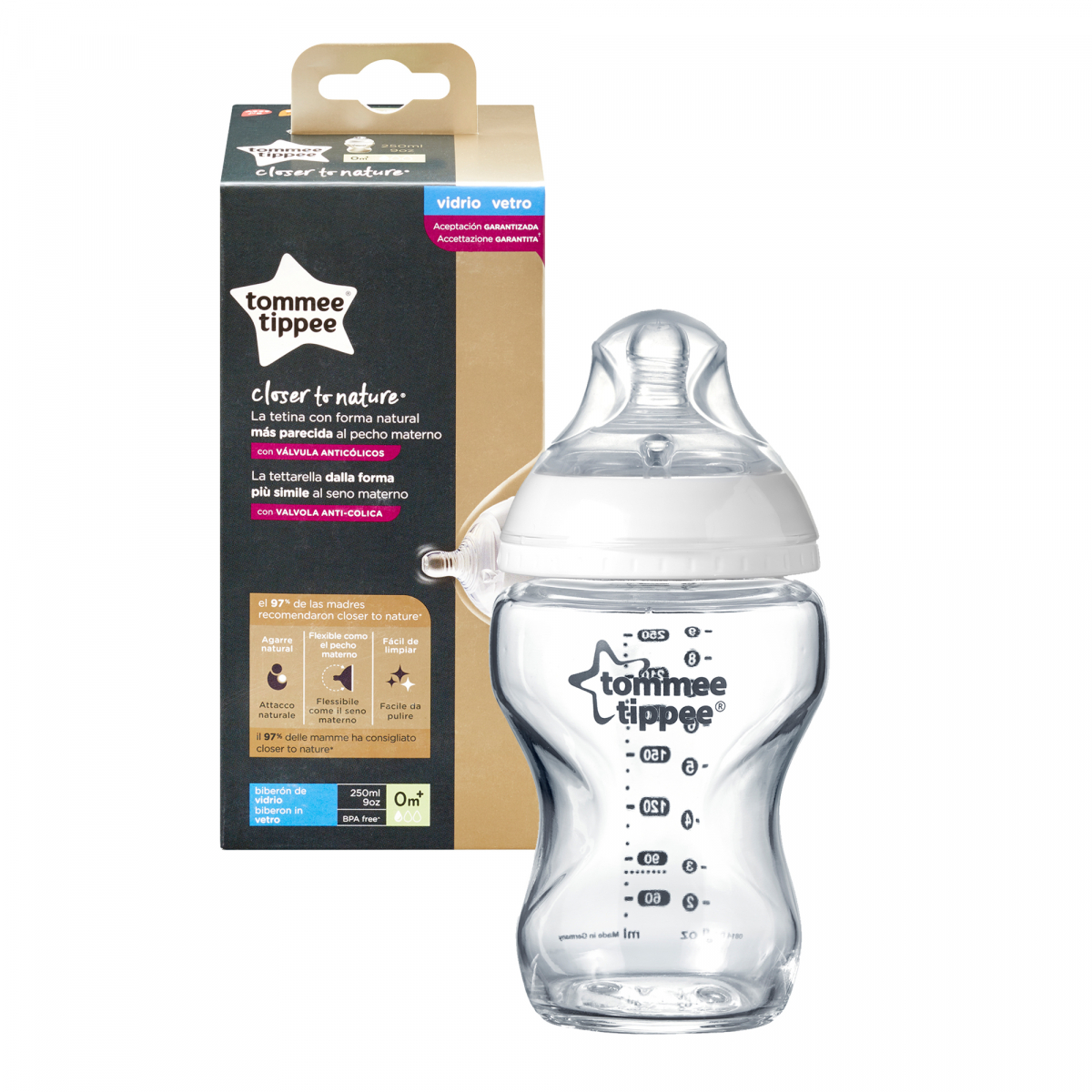 Klaasist lutipudel Tommee Tippee “Closer to Nature”, 250ml, 0+ kuud