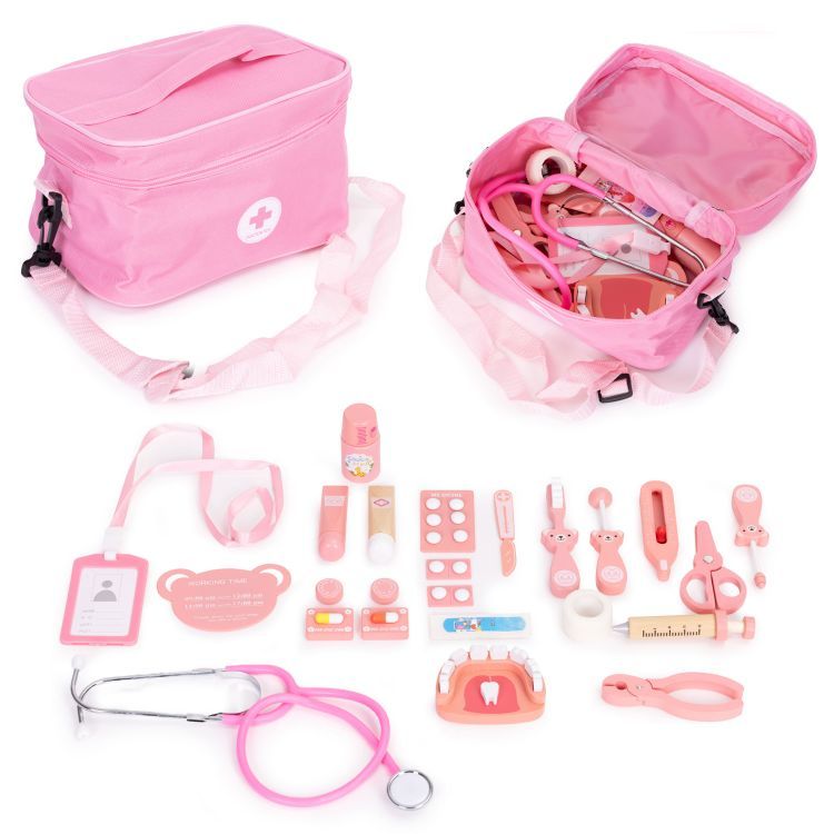 Roosa arstikohver + puidust tarvikud, 24-osaline