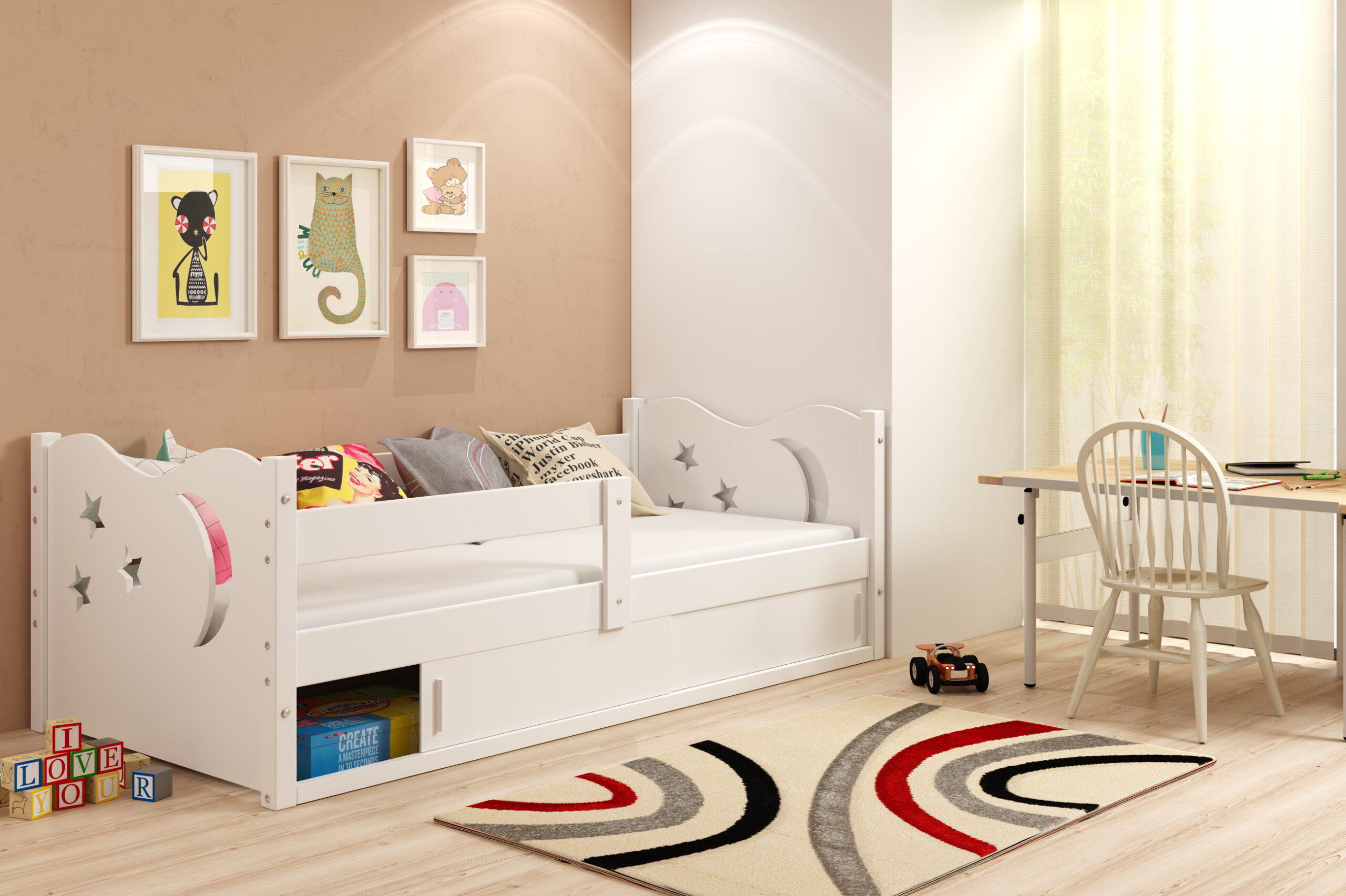 Puidust lastevoodi “Tähesadu”, valge, 80x160cm