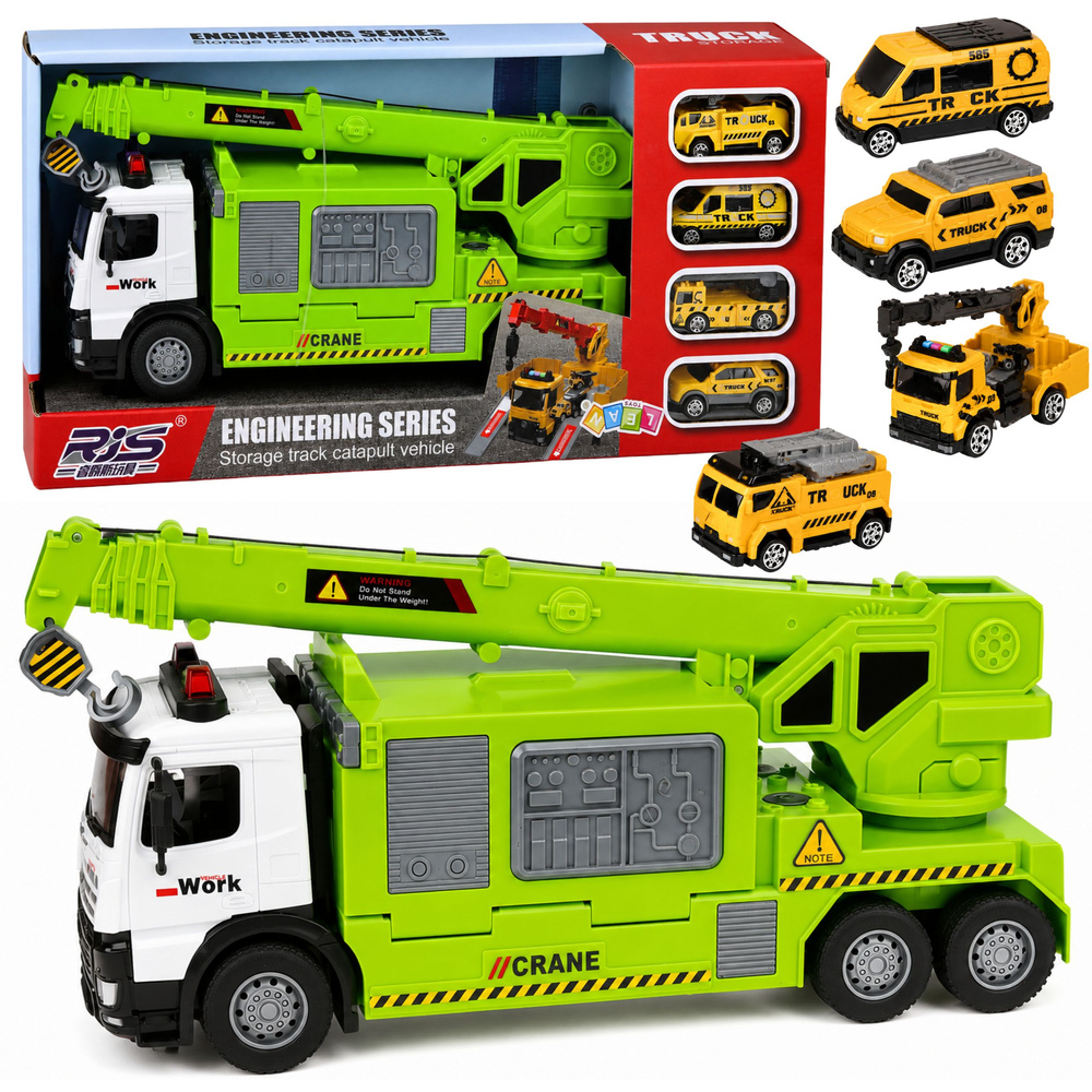 Veok kraana ja platvormiga + 4 masinat, heli-ja valgusefektid, roheline