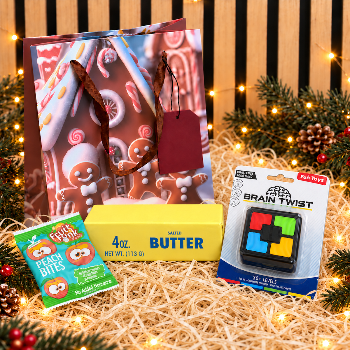Jõulupakk nuputamismäng “Brain Twist”, mudimismänguasi “Squishy Butter” + Fruitfunk naturaalne maiustus