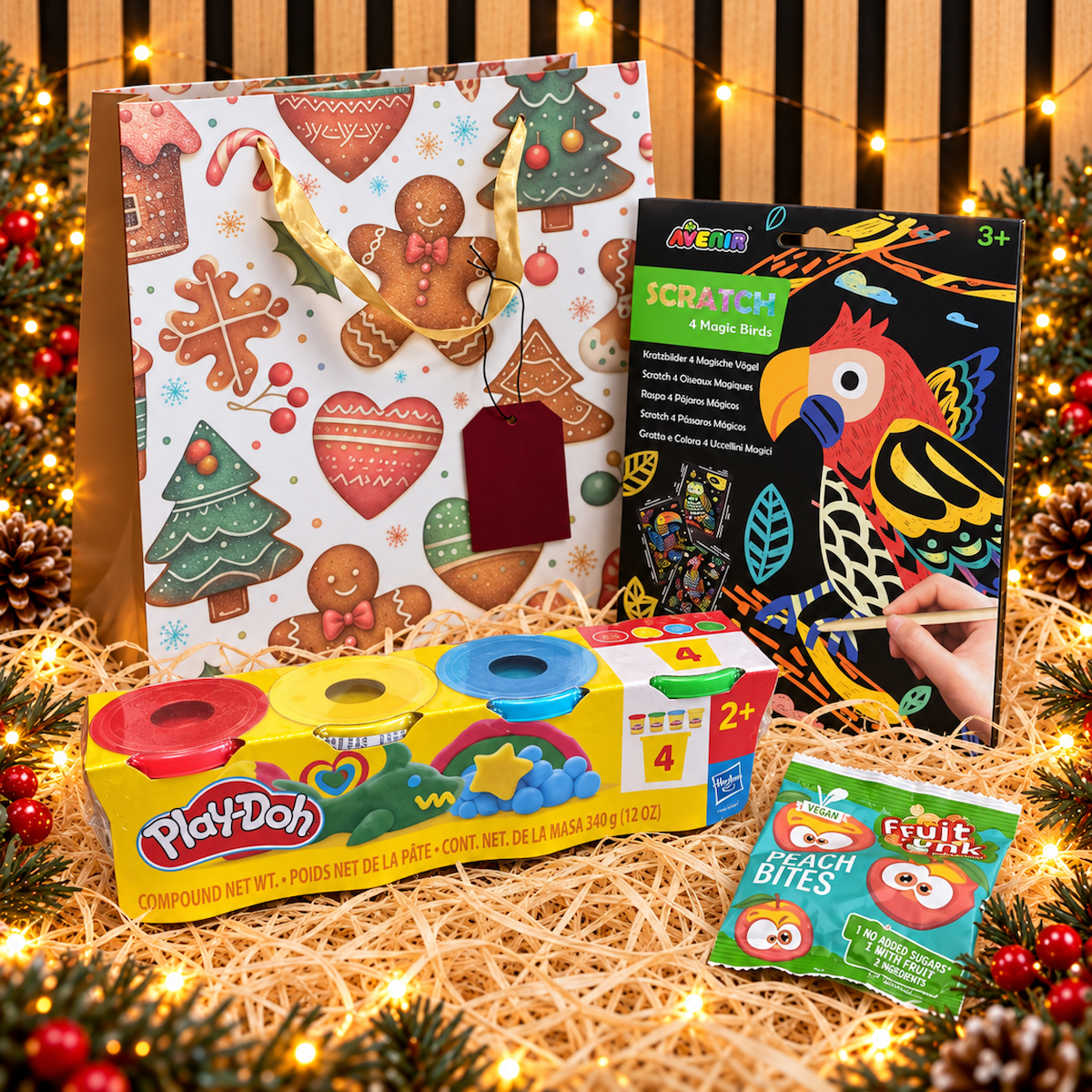 Jõulupakk meisterdamiskomplekt “4 maagilist lindu”, Play-Doh voolimismass + Fruitfunk naturaalne maiustus